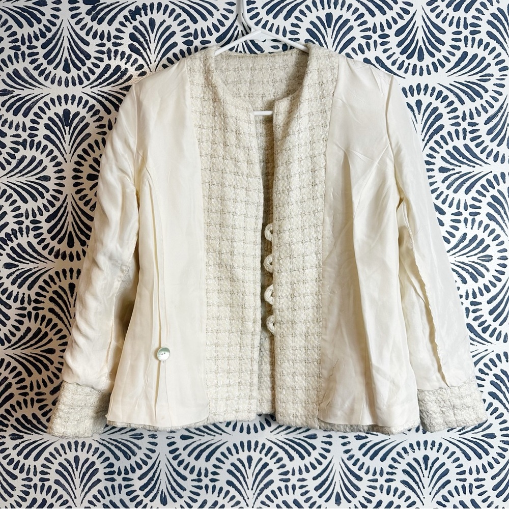 Nina McLemore Metallic Stitch Windowpane Tweed Ivory Silk Lined Blazer - Picture 5 of 16